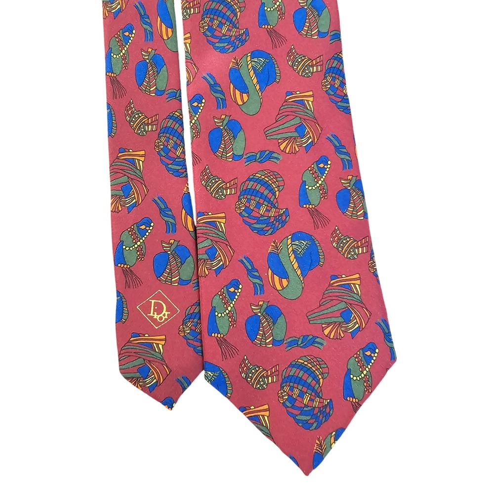 Vintage 90s Christian Dior Monsieur Silk Tie Red Italian Novelty Pattern Luxury - Picture 2 of 7
